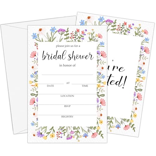 Wildflowers Bridal Shower Invitations | Boho Floral Spring Garden Party Invite Cards, Set of 25 Wedding Invites with Envelopes, Bridal Shower Decorations-A05 - style: wildflower