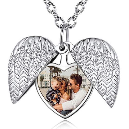 Custom4U Personalized Heart Locket Necklace with Pictures,Sunflower/Angel Wings/Heart Shaped Lockets Custom Photo,Gold/Rose Gold/White Lockets That Holds Picture,Customized Memorial Jewelry for Women - color: C-Angel Wings-Steel(Locket + Photo + Engraving