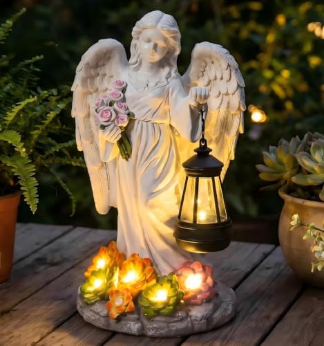 Solar Angel Statues Outdoor Garden Decoration, 9.5 inches Resin Outdoor Angel Statue Figurine with LED Lantern & Flower Lights, Angel Sculpture Lawn Ornament for Patio Yard Porch Decor, Gift for Mom - color: Angel Statue(white)