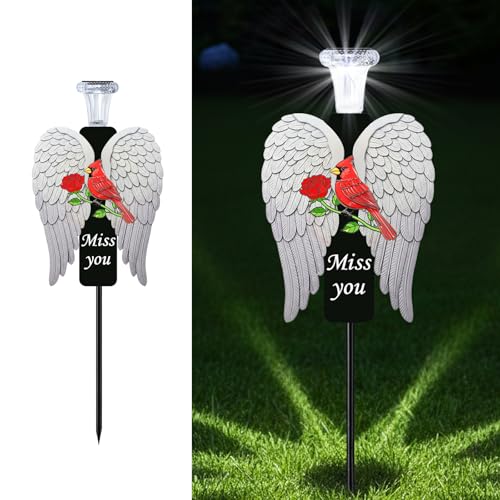 20-Inch Solar Angel Wings Memorial Stake with Red Cardinal - Metal Cemetery Decorations for Grave, Father's Day Sympathy Gift for Loss of Father Dad Mom(Angel Wings) - style: Angel Wings