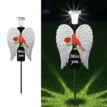 20-Inch Solar Angel Wings Memorial Stake with Red Cardinal - Metal Cemetery Decorations for Grave, Father's Day Sympathy Gift for Loss of Father Dad Mom(Angel Wings) - style: Angel Wings