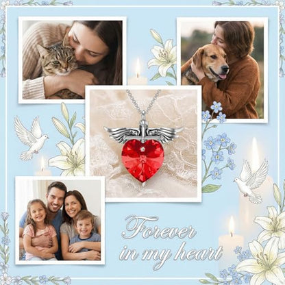 SOULMEET Memorial Wings Necklace for Ashes with Large Heart Crystal Birthstone, Angel Wings Urn Necklaces with Heart Shaped Birthstone Keepsake Silver Cremation Jewelry - style: G-July