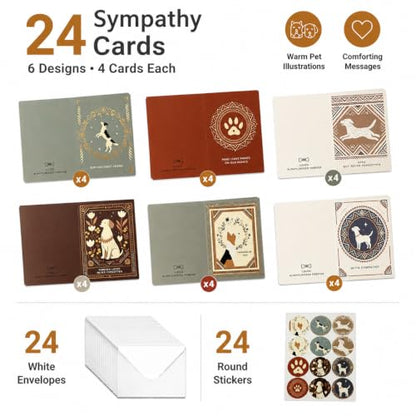 24 Pack Pet Sympathy Cards Bulk with Envelopes and Stickers - color: Dog