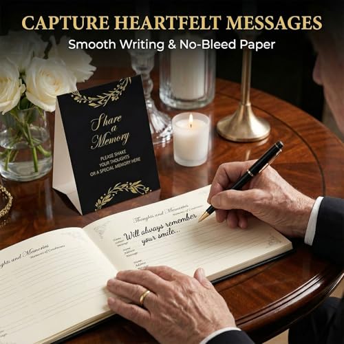 ArtSocket Funeral Guest Book for Memorial Black Leather with Gold Foil | for Funerals Elegant Celebration of Life and Loving Memorial Complete with Pen and Table Sign