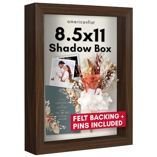 Americanflat 8.5x11 Shadow Box Frame with Shatter-Resistant Glass - Silhouette Collection - Large Shadow Box Display Case for Tabletop and Wall Display - Walnut with Soft Felt Back | Shatter-resistant glass, 1.5 inch interior depth, hangs vertical or hori