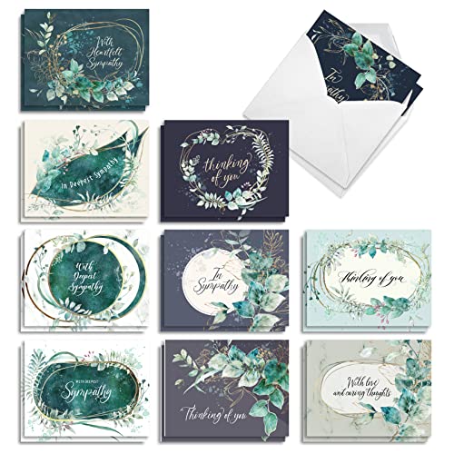 The Best Card Company 20 Assorted Sympathy Notecards Boxed Set 4 x 5.12 Inch with Envelopes (10 Designs, 2 Each) Greenery Grieving AM10322SMG-B2x10 - style: Greenery Grieving