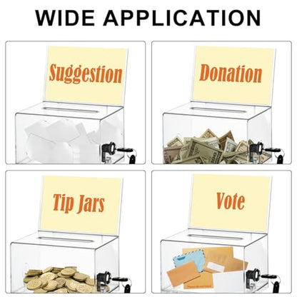 FOCCTS Clear Acrylic Donation Box with Lock, Ballot Box Suggestion Boxes With Sign Holder, Raffle Boxes With Slot for Voting Donation Ticket Comment Tips(6.2" x 4.5" x 4")