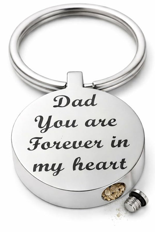 Memorial Urn Keychain for Dad – Stainless Steel Keepsake Keychain with Screw Closure – “Dad You Are Forever in My Heart” – Sympathy Gift, Remembrance Gift for Loss of Father