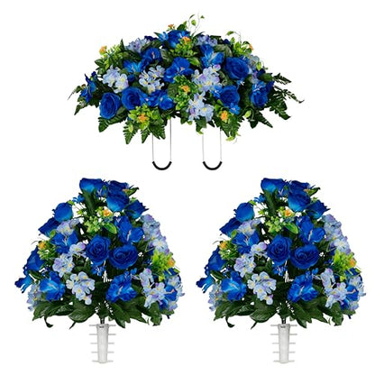 Sympathy Silks Artificial Cemetery Flowers - Gravesite Flowers - Blue Roses and Hydrangeas - (1) Headstone Flower Saddle & (2) Matching Bouquet - size: (1) Saddle (2) Bouquet