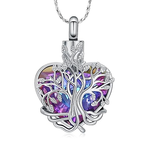 Imrsanl Tree of Life Heart Urn Necklace Cremation Jewelry for Women - color: Silver-Purple