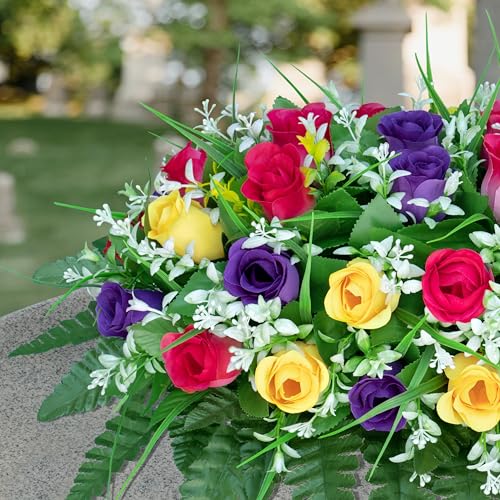 LVXINLI Artificial Cemetery Flowers Saddle-Shaped Tombstone Decorations Non-Fading UV-Resistant（Yellow+Purple+Brilliant Red Saddle） - color: Yellow+purple+brilliant Red Saddle