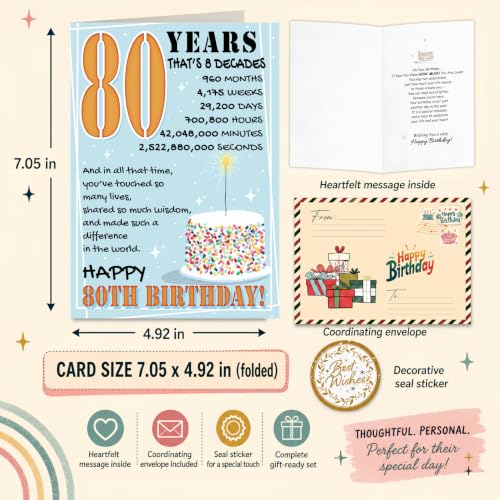 80th Birthday Card, 80th Birthday Cards for Women Men with Seal and Envelope, 80 Year Old Birthdayy Card for Mom Dad Grandma Grandpa Uncle Aunt Friend Family from Son Daughter Granddaughter Grandson - color: 80th
