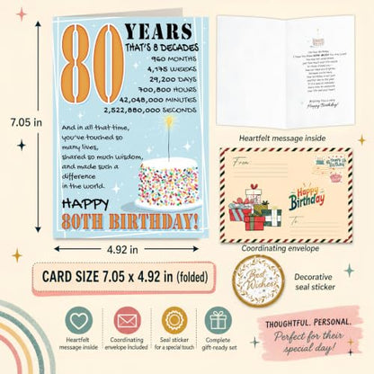 80th Birthday Card, 80th Birthday Cards for Women Men with Seal and Envelope, 80 Year Old Birthdayy Card for Mom Dad Grandma Grandpa Uncle Aunt Friend Family from Son Daughter Granddaughter Grandson - color: 80th