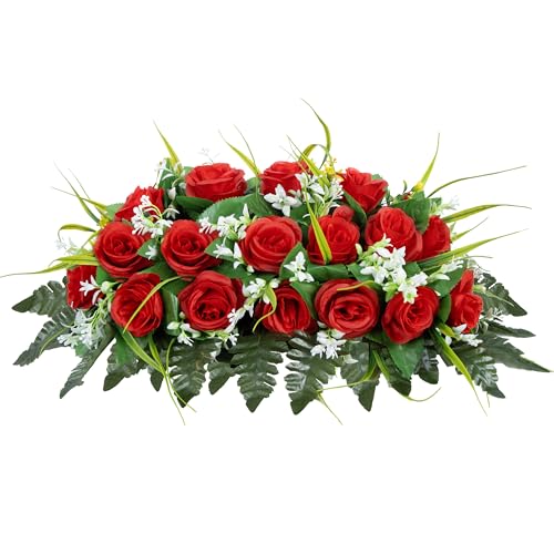 MOOMASS Cemetery Headstone Flower Saddle - Artificial Cemetery Flowers Rose, Grave Decoration，Non-Bleed Colors, and Easy Fit (red, Saddle) - color: Red, size: saddle