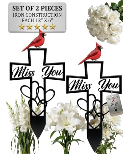 2PCS Metal Cemetery Memorial Plaque for Remembrance Cross with Cardinal Grave Blankets Marker Plaques Baptismal 6"X12" Vietnam Veteran Markers Humans Miss You Script Offerin Outdoors Garden Decor