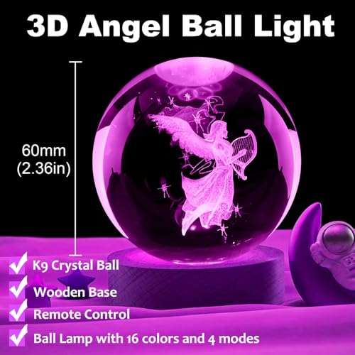 Guardian Angel Crystal Ball Lamp, Glass Angels Figurine Ball Night Light | 16 Colors Table Lamp with Wooden Base and Remote Control, Angels Gifts and Birthday Gift for Women Men Kids (angel) - color: Angel