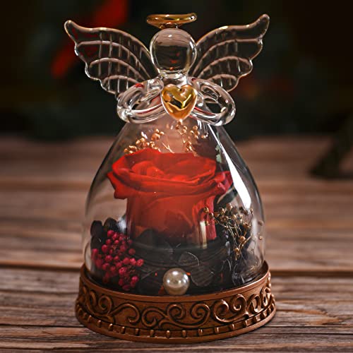 Preserved Real Rose in Glass Angel Figurine with LED Light, Angel Gifts for Women, Mom, Grandma on Mother's Day Christmas Birthday (Red) - color: Red
