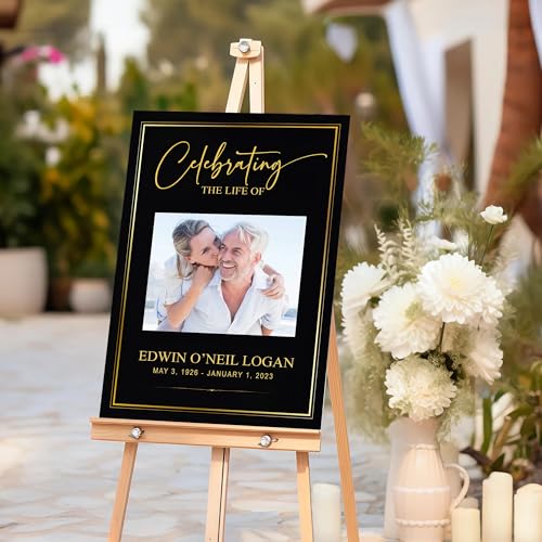 Celebration of Life Funeral Welcome Sign, Memorial Service Poster, In Loving Memory Sign, Editable Printable Template, Black and Gold Celebration of Life Photo Sign - color: Style#15