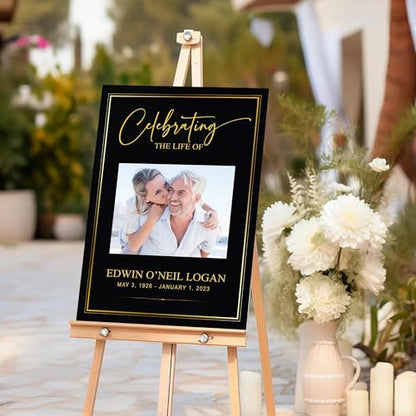 Celebration of Life Funeral Welcome Sign, Memorial Service Poster, In Loving Memory Sign, Editable Printable Template, Black and Gold Celebration of Life Photo Sign - color: Style#15