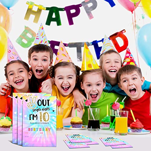 YSTEP Tie Dye 10th Birthday Party Invitations, 20 Invite Cards with Envelopes, 4"x6" Peace out Single Digits Birthday Party Invites - A13 - style: style 2