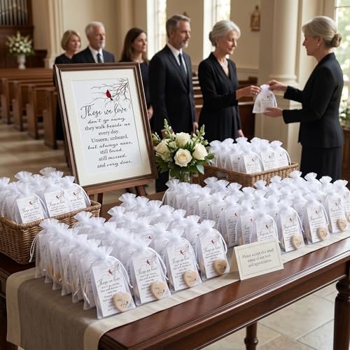 Fulmoon 100 Sets Funeral Favors Bulk, Pocket Hug Wooden Heart Token with Red Cardinal Greeting Cards and Organza Bags Memorial Day Gifts for Guests Family Church Celebration of Life Decorations