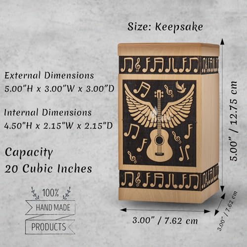 Guitar Wings Wood Keepsake Urn for Human Ashes, 20 Cu in, Beechwood - color: Beechwood, size: Keepsake (20 lbs)