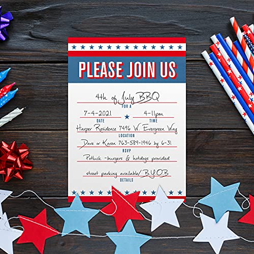Canopy Street Patriotic 4th Of July Party Invitation / 25 Fill in the Blank Red White Blue Themed Event Invites With Envelopes / 5" x 7" Independence Day Invitations/Made In The USA - style: Stars and Stripes