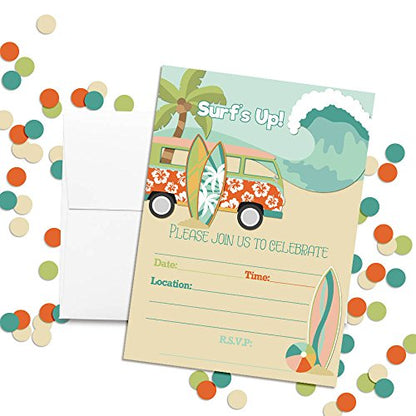 Chasing A Wave Summer Surfs Up Fun Birthday Party Invitations, 20 5x7 Fill In Cards with Twenty White Envelopes by AmandaCreation - style: Chasing A Wave Summer Surfs