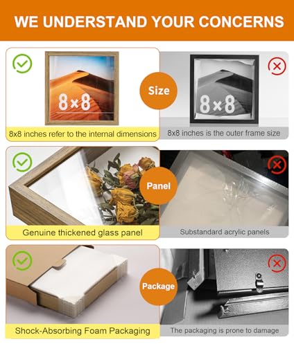 8x8 Shadow Box Frame with Ultra-Clear Glass & Soft Linen Back | With Push Pins and Stand, Deep 1.2" Brown Shadow Box Display Case – Display on Tabletop or Wall for Photo, Flower, Keepsakes - color: Brown+high Definition Panel + Shatter-proof Packaging, si