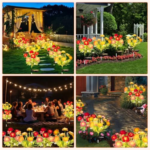 Solar Garden Lights Outdoor, 4 Pack 28 Solar Flower Lights Waterproof | Solar Flowers Outdoor for Garden Patio Yard Pathway Cemetery Lawn Decor, Gifts for Mom Women Grandma Mothers Day Birthday