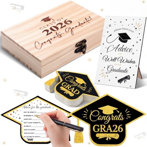 Gersoniel Graduation Advice Cards Class of 2026 Congrats Grad Wood Box Advice and Wishes Wooden Table Sign with Pens 60 Pcs Graduation Games Cards Grad Party Keepsake Decorations for 2026 Graduate