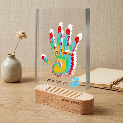 Family Handprint Kit - DIY Baby Hand and Footprint Keepsake - with Solid Wood Base, 5 Acrylic Plates & 6 Paints - Unique Keepsake For New Parents, Grandparents, Baby Shower & Pets