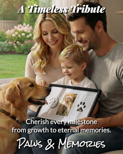 Pet Paw Print Keepsake Kit - Large High-Density MDF Wood Memorial Frame with Pet-Safe Clay & Clean-Touch Ink Pad - 3 Mats & 80+ DIY Decorations - Dog/Cat Growth Record & Pet Loss Gift, Black