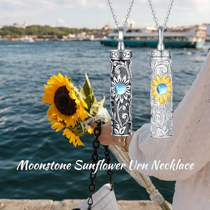 Sterling Silver Flower Tree Life Cremation Urn Necklace for Women - color: Cylin *Sunfl. 1 (GP Mo/St)