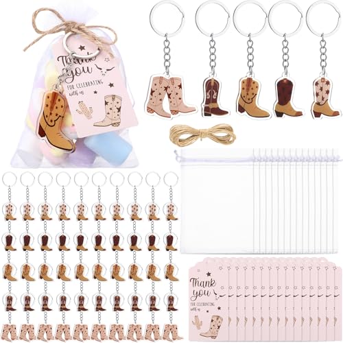 Equsion 50 Sets Western Cowboy Party Favors for Guest Brown Acrylic Cowboy Boot Keychain with White Organza Bags and Thank You Tags for Wedding Birthday Baby Shower Party Supplies - style: Brown Western Cowboy