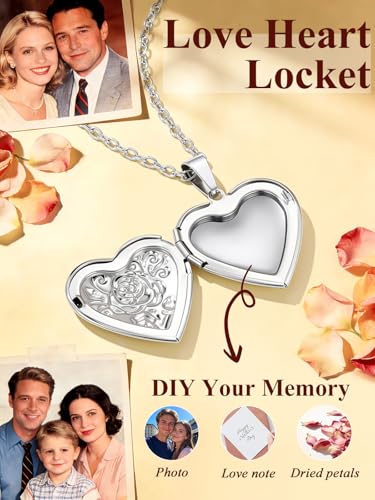 Custom4U Personalized Heart Locket Necklace with Pictures,Sunflower/Angel Wings/Heart Shaped Lockets Custom Photo,Gold/Rose Gold/White Lockets That Holds Picture,Customized Memorial Jewelry for Women - color: C-Heart-Steel(Locket Only)