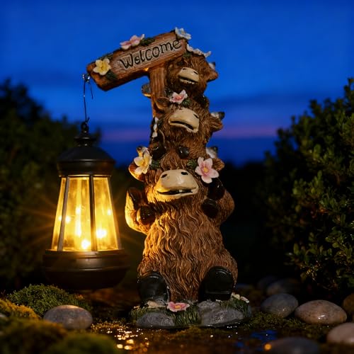 Solar Garden Statues Highland Cow Outdoor Decor Resin Highland Cow Figurine with LED Light Outside Lawn Yard Patio Balcony Gifts for Mom Women - size: 6*5*11 in