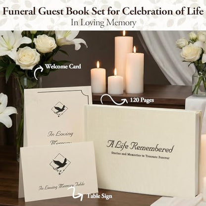 Funeral Guest Book Set, Ivory Linen, Celebration Of Life, 120 Lined Pages - color: Ivory