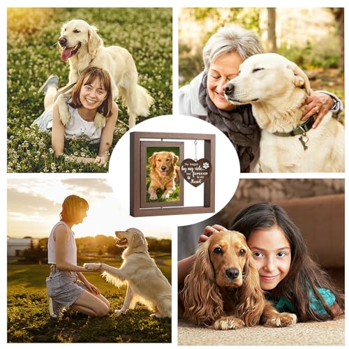 Dog Memorial Picture Frame 4x6 Rotating Wooden Photo Frame Pet Loss Sympathy Gift Bereavement Remembrance Keepsake with Paw Pendant for Dog Cat Lovers