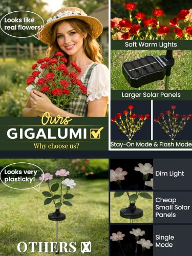 GIGALUMI 4 Pack Solar 28 Carnations Flowers Outdoor, 2 Modes, Red - color: Red, size: 4 PACK