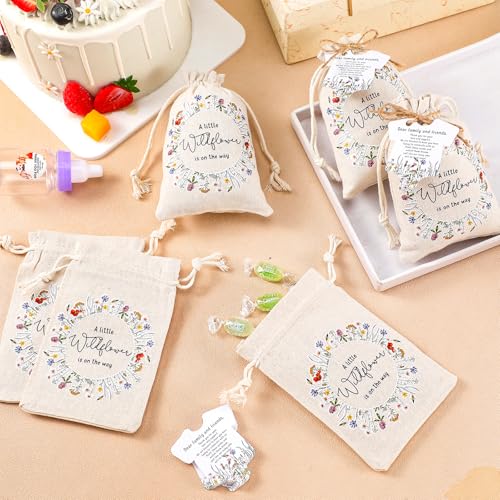 Fumete 25 Sets Wildflower Baby Shower Seed Packets Party Favors for Guests Baby in Bloom Favors Decorations Burlap Bags with Drawstring Thank You Cards and Twine, No Seeds (Wildflower) - style: Wildflower