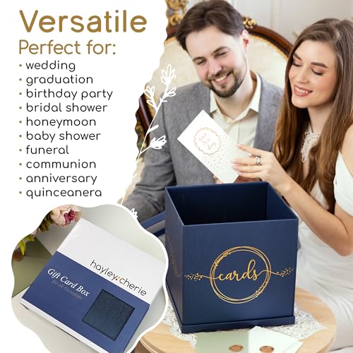 Blue & Gold Card Box, Large 10x10 Navy Gift Card Box for Party, Graduation | Wedding Reception, Bridal & Baby Shower, Sweet 16, Funeral, Birthday, Quinceanera, Retirement, Envelope Holder, Money Basket