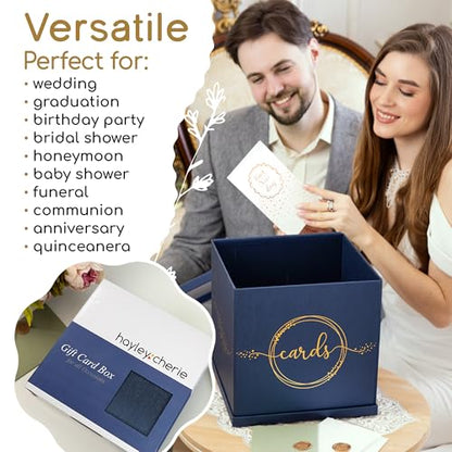 Blue & Gold Card Box, Large 10x10 Navy Gift Card Box for Party, Graduation | Wedding Reception, Bridal & Baby Shower, Sweet 16, Funeral, Birthday, Quinceanera, Retirement, Envelope Holder, Money Basket
