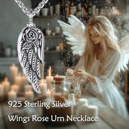 VONALA 925 Sterling Silver Wing Urn Necklace for Ashes Necklace Rose Flower Angel Wing Cremation Jewelry Memory