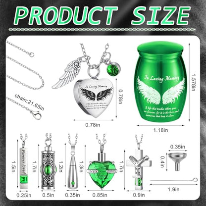 Ecation 12 Set Small Urn Cremation Jewelry Necklaces for Ashes Stainless Steel Keepsake Urns Memorial Locket Mini Ash Holders Waterproof for Human Adult Female Male Family Loved One (Green) - color: Green