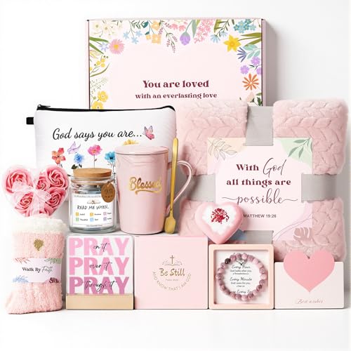Christian Gifts for Women Faith, Religious Inspirational Catholic Encouragement Gift Sets, Unique Spiritual Christmas Birthday Gift Basket for Her Mom Grandma Sister Aunt Teacher Friend Wife w/Blanket - color: Pink