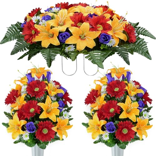XONOR Artificial Cemetery Flower Saddles, Cemetery Memorial Flowers with Vase for Grave Tombstone Decorations, Lily Rose Gerbera Headstone Flowers Saddle (1 Saddle 2 Bouquets) - color: Orange Lily