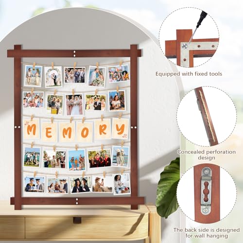 1 Pack 32x24Inch Photo Display Board for Wedding 2026 Graduation Decor Collage Wooden Picture Frames with Clips Rustic Wall Frames for Graduation Party Hanging Photos Postcards Greeting Cards