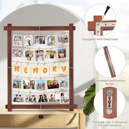 1 Pack 32x24Inch Photo Display Board for Wedding 2026 Graduation Decor Collage Wooden Picture Frames with Clips Rustic Wall Frames for Graduation Party Hanging Photos Postcards Greeting Cards