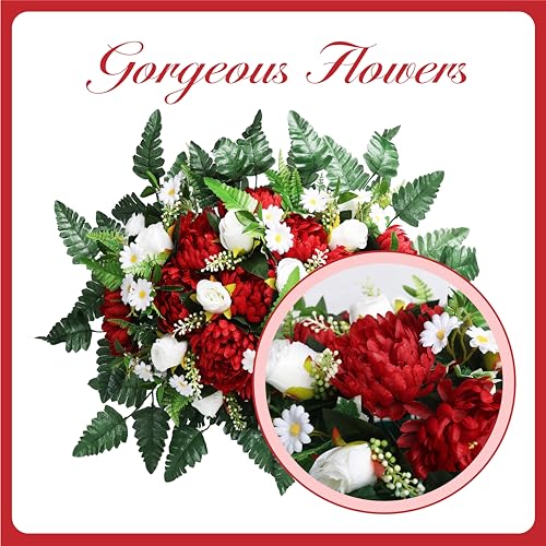 Headstone Flowers – Artificial Cemetery Flowers for Grave, Artificial Red Roses and Chrysanthemums Mixed - Easy to Install Cemetery Flowers for Grave Saddle - color: Red+white